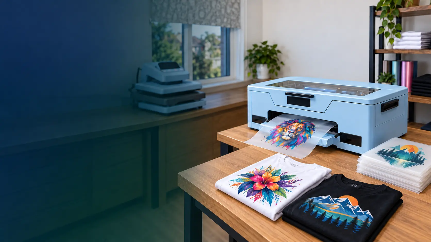 Custom DTF printing equipment and printed garments inside UK Print Lab